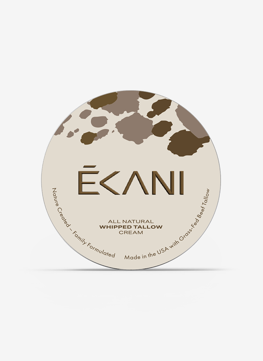 Ecani all natural whipped tallow cream container with cow print design on a white background